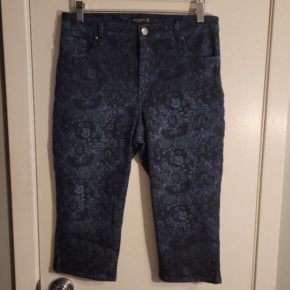 Susan Graver Sz 8 Jacquard Ankle Pants Navy Blue Floral Slim Stretch Career - Picture 1 of 11